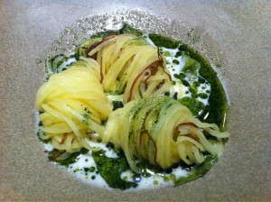 lightly poached (crunchy?) potato with seaweed sauce and pecorino cream